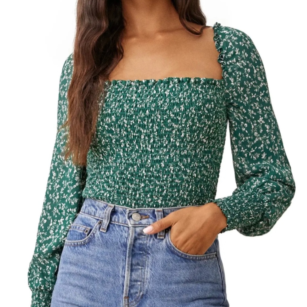 NWT Reformation Pinto Smocked Top in Parsley Size Small
